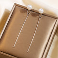 Silver Tone Long Bar White Pearl Look Front Back Stud Earrings view 6