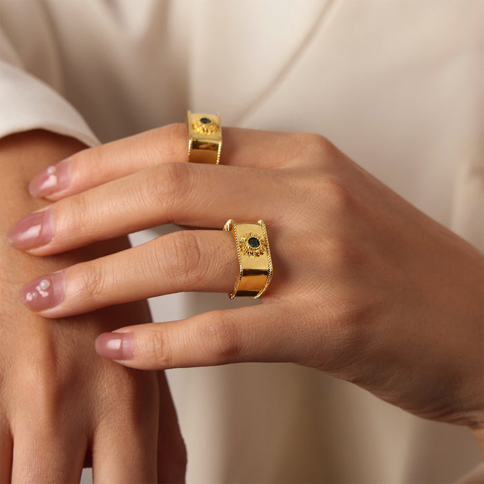 Gold Open Square Band Ring With Green Stone Sun Motif