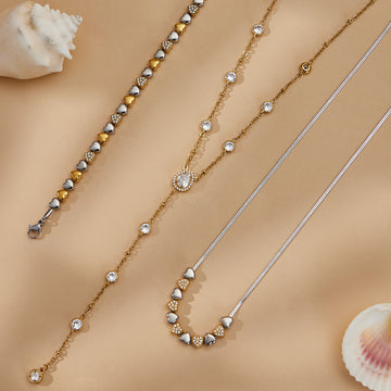 Crystal Heart Bracelet and Necklace Collection in Mixed Metals