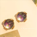 Gold Tone Purple Green Iridescent Round Stone Stud Earrings view 4