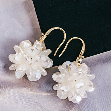 White Translucent Flower Ball Long Gold Tone Hook Earrings