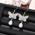 Silver Tone Butterfly Pearl Drop Hook Earrings Fashion Jewelry view 3