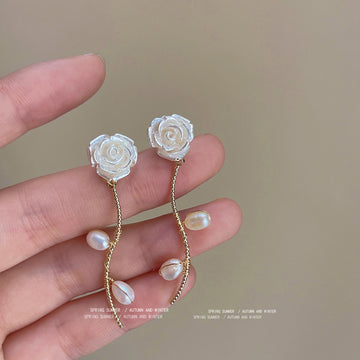 White Rose Gold Tone Branch And Irregular Pearl Long Earrings