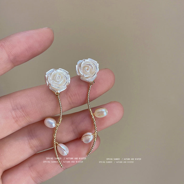 White Rose Gold Tone Branch And Irregular Pearl Long Earrings
