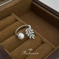 Silver Crystal Wheat Leaf Pearl Open Adjustable Ring view 1