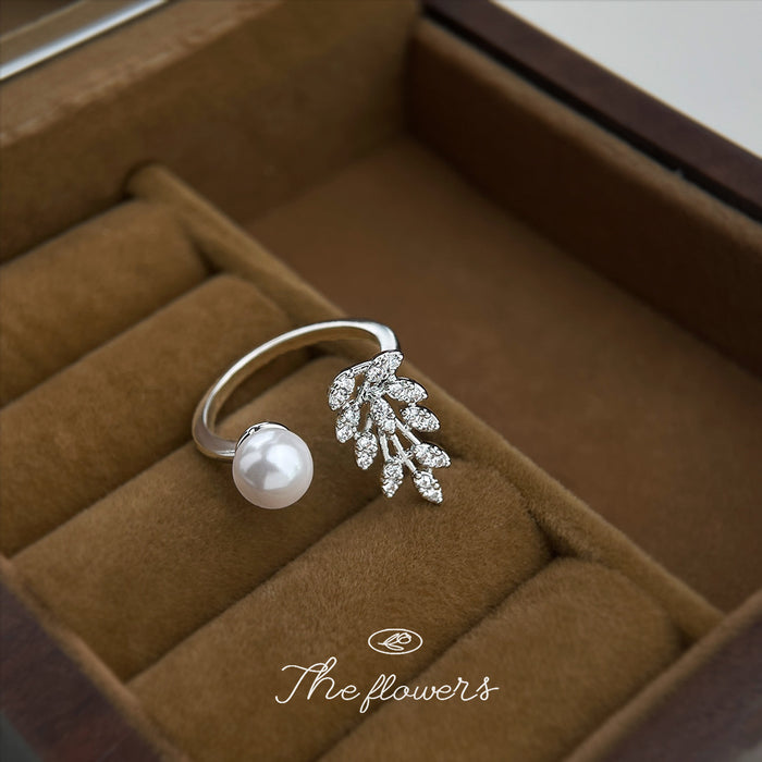 Silver Crystal Wheat Leaf Pearl Open Adjustable Ring