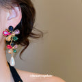 Multicolor Crystal Floral Drop Earrings with Pearl Teardrops view 4