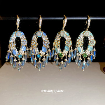 Blue and Green Faceted Stone Chandelier Hook Earrings