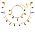 Multicolor Zircon Charm Necklace Bracelet Gold Tone Set view 5