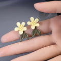 Pale Yellow Flower Stud Earrings Bronze Double Leaves view 1