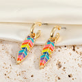 Gold Tone Multicolor Enamel Tropical Leaf Hoop Earrings in Two Shapes view 3