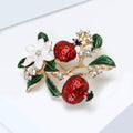 Gold Red Enamel Pomegranate Brooch White Flower Leaves view 3
