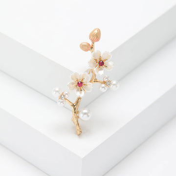 Gold Plum Blossom Branch Brooch Pearl Enamel Flower Pin