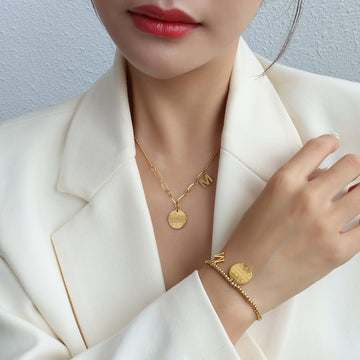Wave Disc Letter M Pendant Necklace Gold Steel Rose Gold