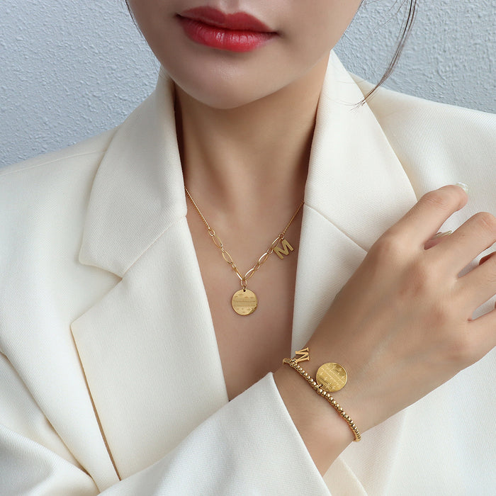 Wave Disc Letter M Pendant Necklace Gold Steel Rose Gold
