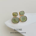 Gold Tone Square Top And Green Oval Shell Stud Earrings view 4