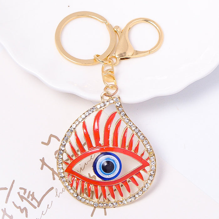 Rhinestone Evil Eye Teardrop Keychain Gold Tone Metal Charm