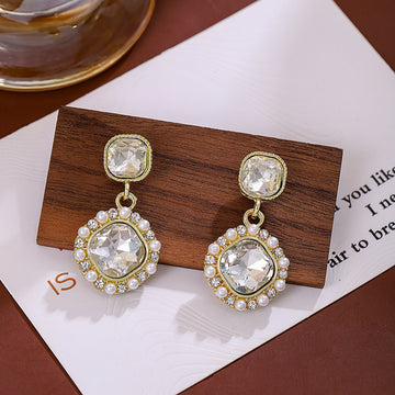 Square and Round Clear Look Pearl Halo Dangle Earrings