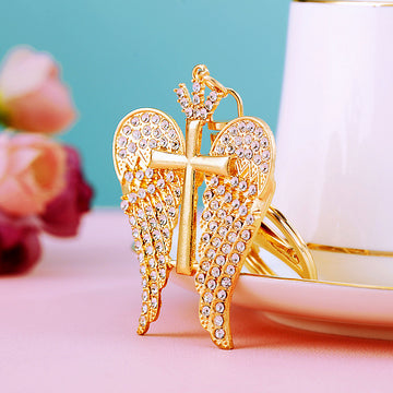 Crystal Cross and Angel Wing Keychain with Gold Tone Ring and Clasp