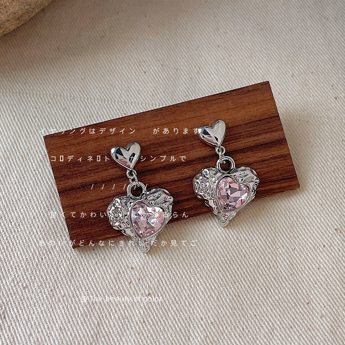 Silver Heart Stud Pink Crystal Heart Drop Earrings