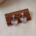 Silver Heart Stud Pink Crystal Heart Drop Earrings view 1