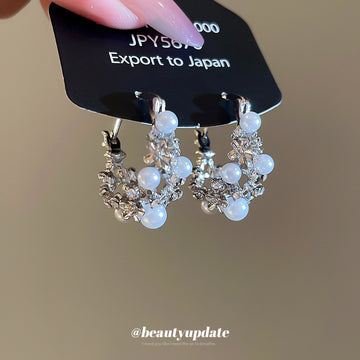 Silver Tone Floral Hoop Earrings with White Pearl Clusters