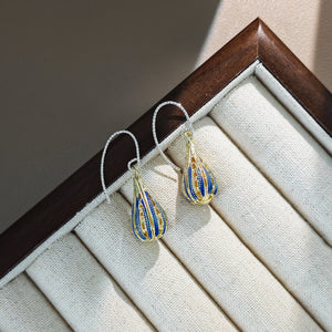 Blue And Gold Striped Teardrop Enamel Hook Earrings