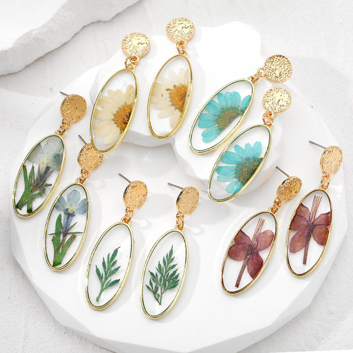 Gold Tone Oval Pressed Botanical Resin Drop Stud Earrings