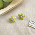 Bright Pink Enamel Flower Stud Earrings Green Heart CZ view 4