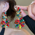 Multicolor Crystal Leaf Cluster Statement Drop Earrings view 1