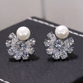 White Gold Tone Pearl Flower Crystal Snowflake Stud Earrings view 2