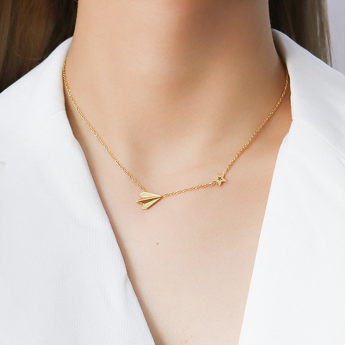 Paper Airplane Star Charm Necklace in Gold Steel Rose Gold