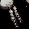 Silver Tone Pearl Drop Earrings With Fine Chain Tassels view 6