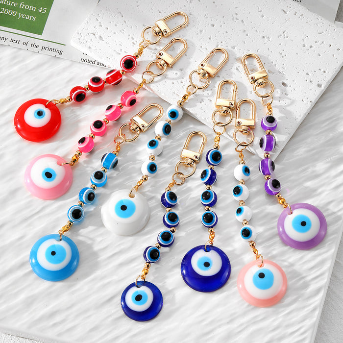 Evil Eye Bead Strand and Round Pendant Clip Keychains in Five Colors