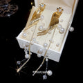 Gold Tone Leaf and Pearl Branch Dangle Stud Earrings view 2