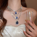 Silver Three Layer Rhinestone Triple Teardrop Gem Necklace view 1