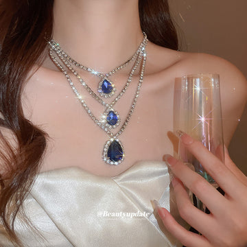 Silver Three Layer Rhinestone Triple Teardrop Gem Necklace