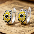 Silver Yellow Enamel Daisy Black Center Huggie Hoop Earrings view 3