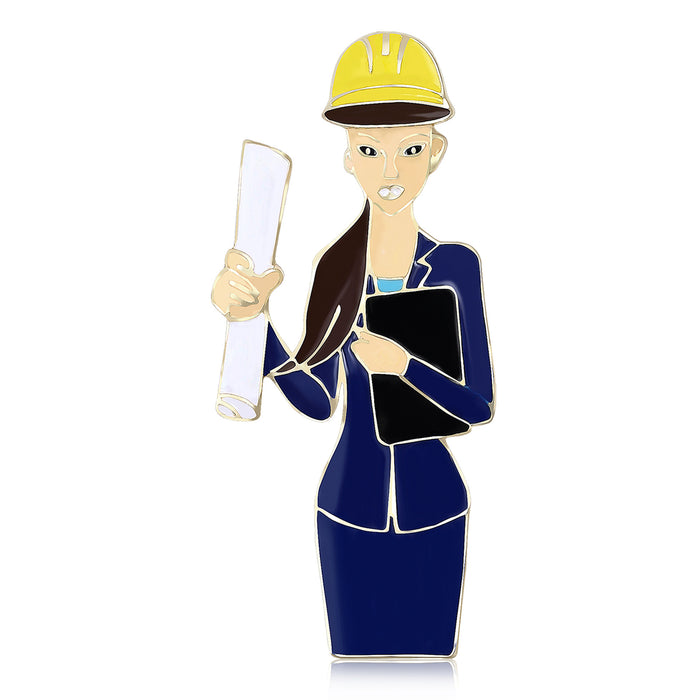 Woman Engineer Enamel Brooch With Hard Hat and Blueprint