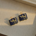 Navy Plum Blossom Rectangle Gold Tone Stud Earrings view 4