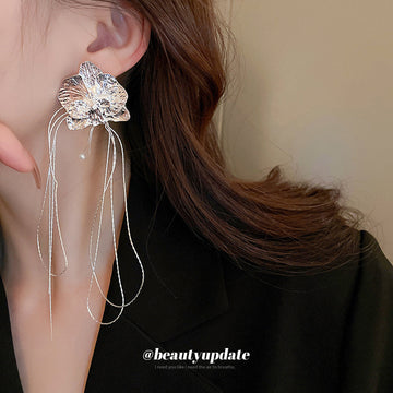 Silver Tone Sculpted Orchid Long Chain Statement Earring