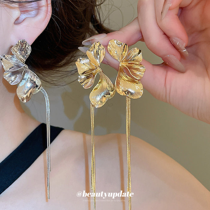 Sculpted Metal Petal and Wavy Stem Long Drop Earrings