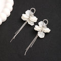 White Petal and Silver Chain Long Dangle Stud Earrings view 2