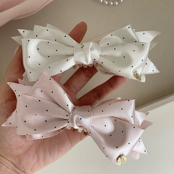 Satin Polka Dot Bow Twist Hair Clip White and Pink