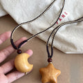 Wood Crescent Moon Pendant Cord Necklace Brown Beige view 4