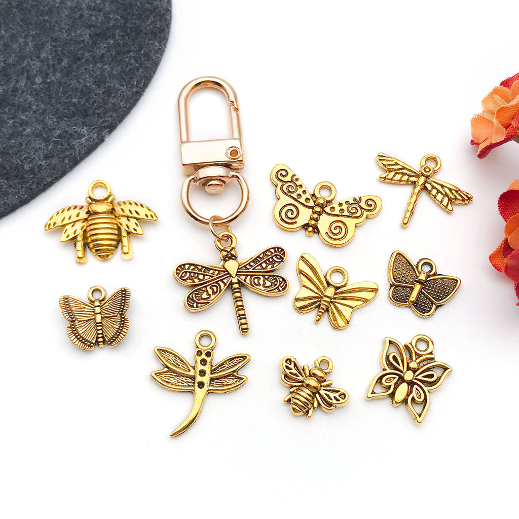 Antique Gold Zinc Alloy Butterfly Dragonfly Bee Charm Pendants for DIY Bracelet Necklace