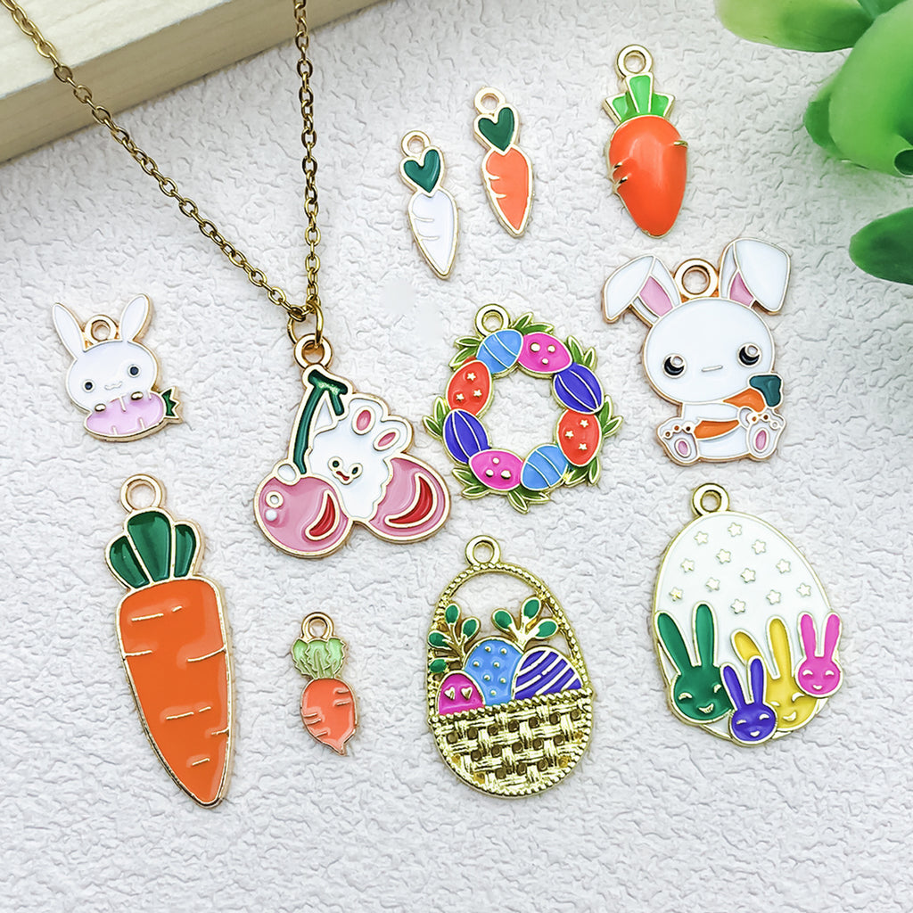 Enamel Zinc Alloy Easter Egg Bunny Carrot Rabbit Charm Pendant for DIY Keychain Jewelry Making