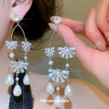 Silver Tone Crystal Petal Pearl Tassel Drop Earrings view 2