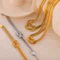 Gold Steel Knotted Double Snake Chain Necklace Bracelet Set view 4