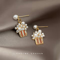 Gold Tone White Pearl Popcorn Box Novelty Stud Earrings view 3